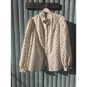 Lea & Viola Women’s Blouse Gold Polka Dot Ruffle Neck Long Sleeve Size M